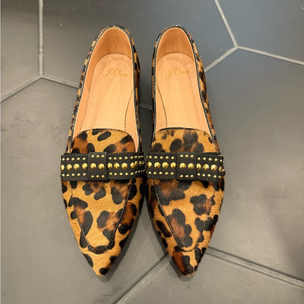 J. Crew Animal Print Loafers with Studded Black Bow